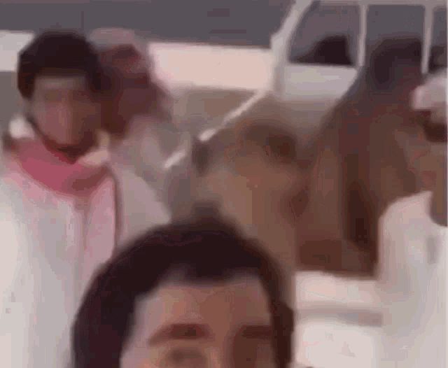 a group of people are standing in front of a camel and a car .