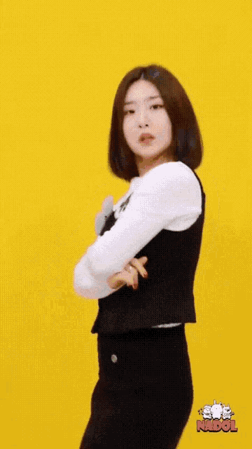 a woman standing in front of a yellow background with the word nadol on the bottom