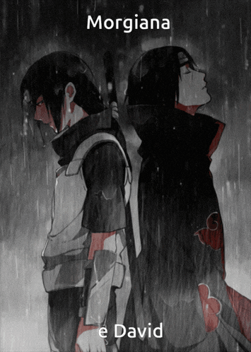 two anime characters standing back to back in the rain with the name moriana e david