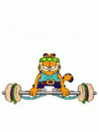 garfield is lifting a barbell over his head with a hamburger on it .