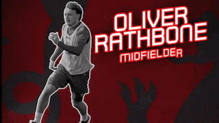 a poster for oliver rathbone midfielder shows a man running on a red background