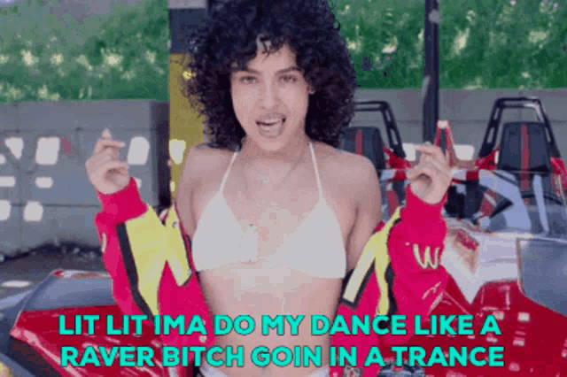 a woman in a bikini says lit lit ima do my dance like a ravier bitch coin in a trance