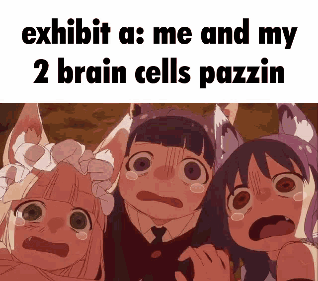 three anime girls with their mouths open and the words " exhibit a me and my 2 brain cells pazzin "