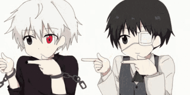 two anime characters are pointing at each other with their hands .