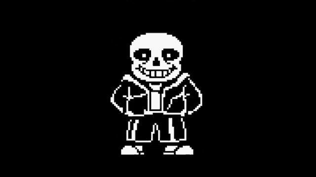 a pixel art of a skeleton sitting down on a black background with the words `` miss '' written above him .