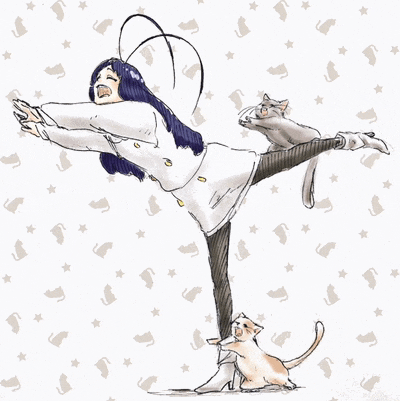 a drawing of a woman standing on one leg with two cats behind her