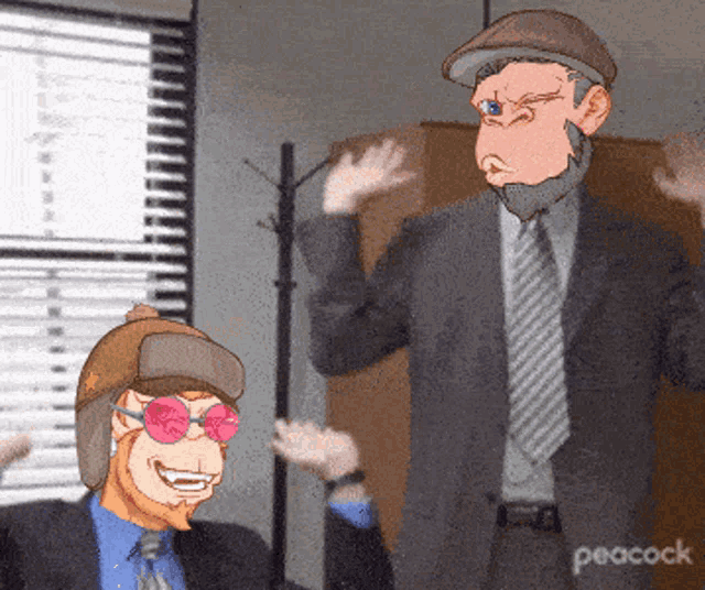 a cartoon of two men with peacock written on the bottom left