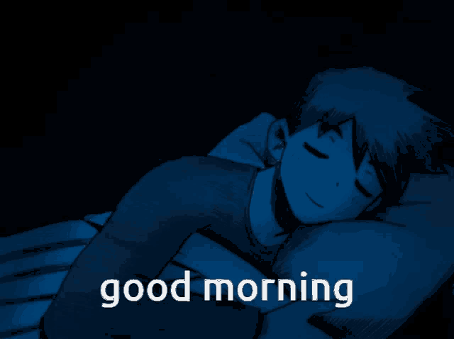 a drawing of a boy sleeping with the words good morning written below him