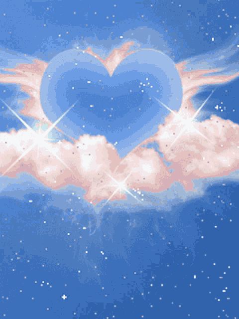 a blue heart is surrounded by pink clouds in the sky