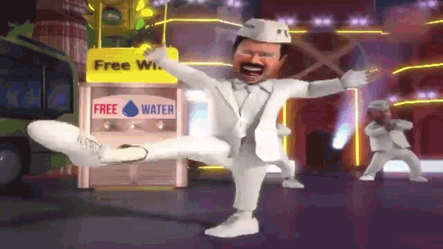 a man is dancing in front of a free water machine