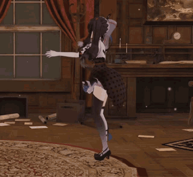 a girl in a video game is dancing in a living room
