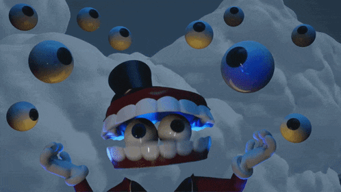 a cartoon character is surrounded by a bunch of eyeballs