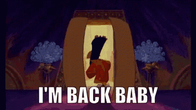 a cartoon character is standing in a room with the words i 'm back baby on the bottom