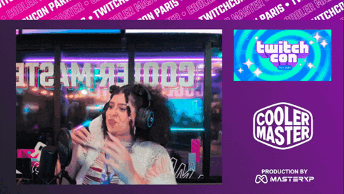 a woman wearing headphones is on a screen with a cooler master logo