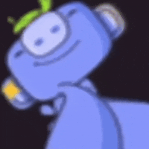 a blue cartoon character is holding a yellow object in his hand .
