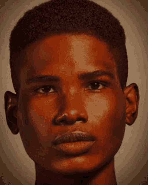 a close up of a young man 's face with a serious look