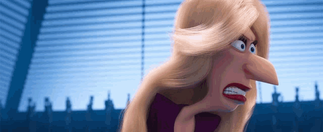 a cartoon character with long blonde hair and a long nose is making an angry face