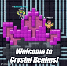 a welcome to crystal realms poster with purple blocks and two monkeys