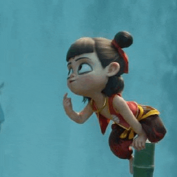 a cartoon girl is sitting on top of a bamboo stick .