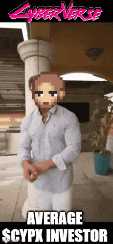 a man with a pixelated face is standing in front of a sign that says " average scpx investor "