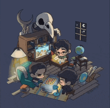 a drawing of a room with a skeleton and a globe