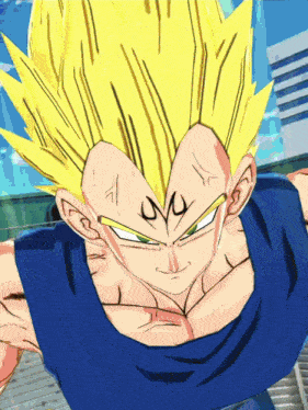 a close up of a dragon ball z character with a blue shirt