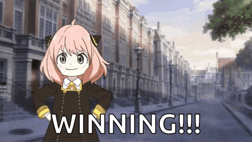 a girl with pink hair is standing in front of a building with the words winning !!! written below her