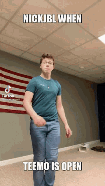 a man in a green shirt is dancing in front of an american flag with a caption that says nickjbl when teemo is open