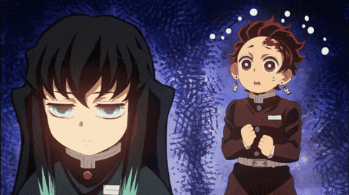 two anime characters are standing next to each other and one of them has a name tag that says ' tanjiro ' on it
