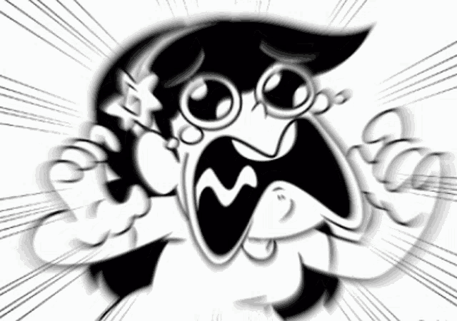 a black and white drawing of a cartoon character with a shocked expression on his face