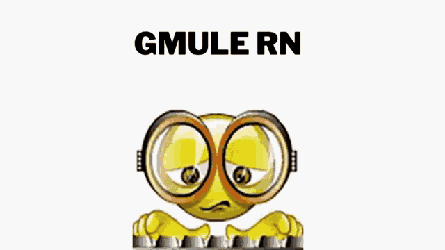 a cartoon smiley face wearing glasses and the word gmule rn on the bottom