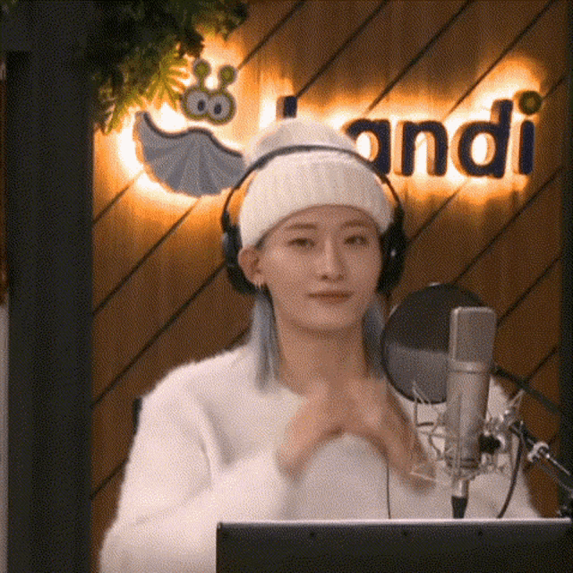 a woman wearing headphones and a hat is sitting in front of a microphone in a studio .