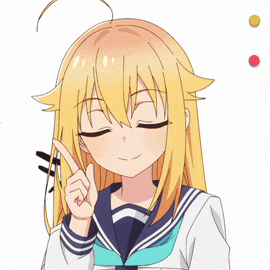a girl with blonde hair and a sailor uniform points her finger up