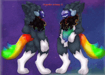 a pixel art drawing of a furry animal with a rainbow tail