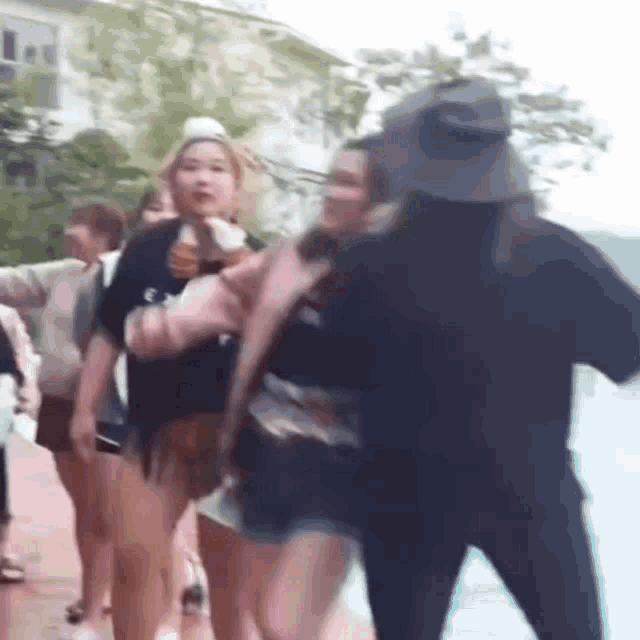 a group of young women are standing next to each other and fighting .