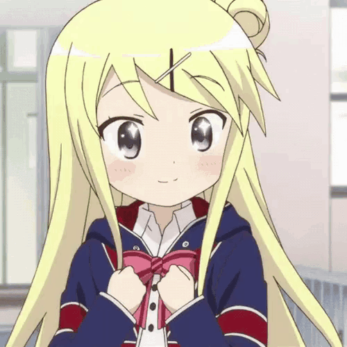 a girl with long blonde hair is wearing a blue jacket and a pink bow