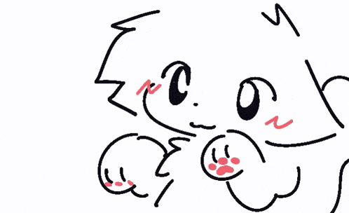 a black and white drawing of a cat with red paws and a face .