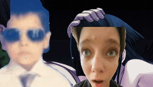 a girl with a surprised look on her face stands in front of a man with sunglasses