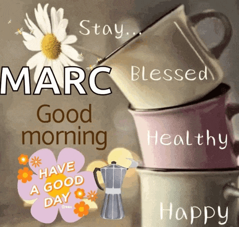 a stack of coffee cups with the name marc written on it
