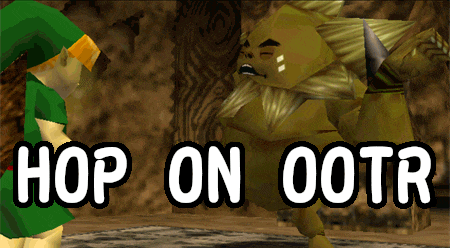 a picture of a video game character with the words hop on ootr