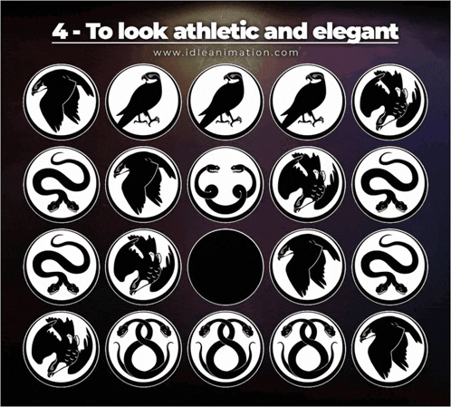 a set of circles with birds and snakes and the words 4- to look athletic and elegant underneath