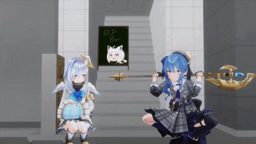 two anime characters standing in front of a sign that says " bar "