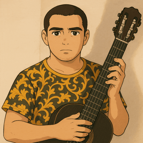 a drawing of a man holding a guitar with a yamaha logo on it