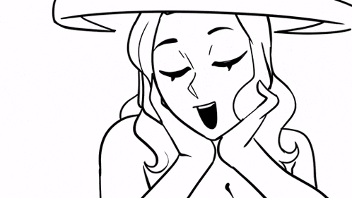 a black and white drawing of a woman wearing a hat with her hands on her face .
