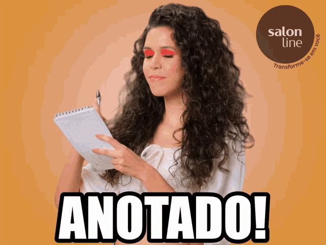 a woman with curly hair is holding a notebook and the word anotado is on the bottom
