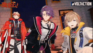 a group of anime characters are standing next to each other with the word voltaction on the bottom