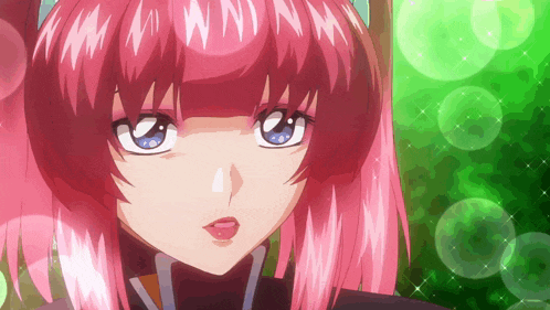 a close up of a pink haired anime character