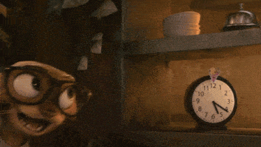 a cartoon squirrel is looking at a clock that shows the time as 7:15