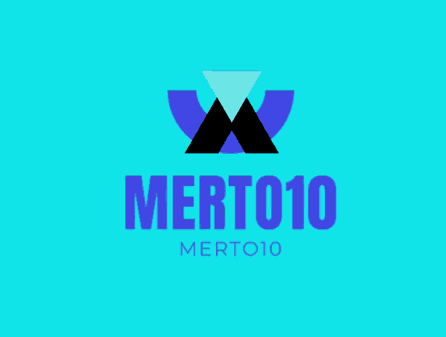 a blue and purple logo for merto10 on a bright blue background