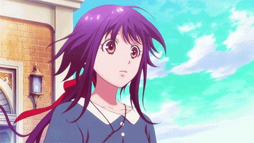 a girl with purple hair is standing in front of a brick wall